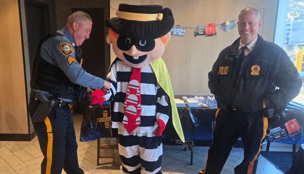 Falls Township Police jokingly handcuffing Hamburglar